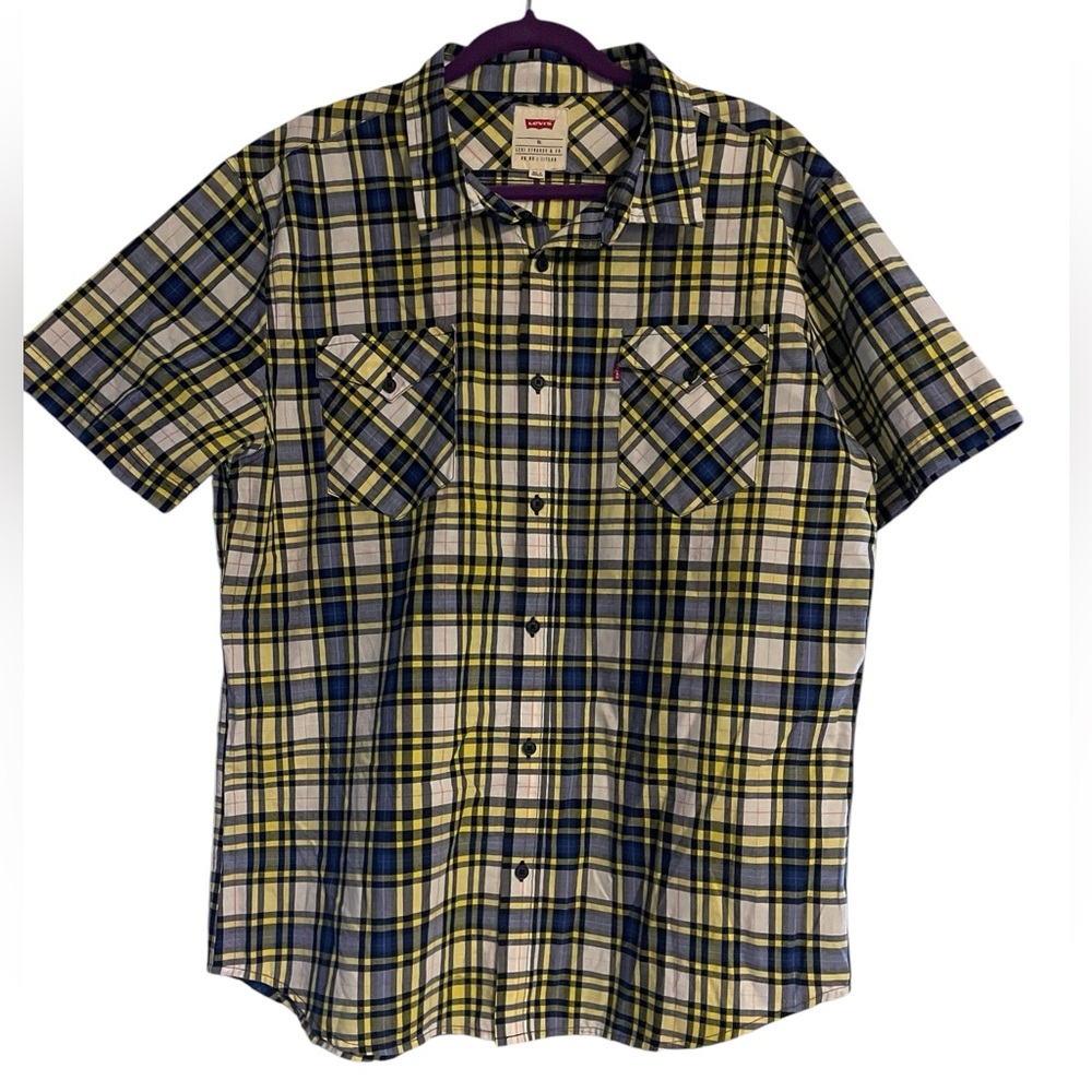 Levi’s Yellow and Blue Plaid Button-Up Shirt -XL | Short Sleeve Collared for Men